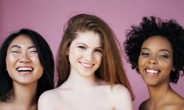 Three Different Nation Girls With Diversuty In Skin, Hair. Asian, Scandinavian, African American Cheerful Emotional Royalty Free Stock Image