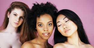 Three Different Nation Girls With Diversuty In Skin, Hair. Asian, Scandinavian, African American Cheerful Emotional Stock Images Three Different Nation Girls With Diversuty In Skin, Hair. Asian, Scandinavian, African American Cheerful Emotional Stock Images