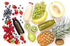 Three different types of fresh juices or smoothies in bottles and ingredients isolated on white background. Royalty Free Stock Images Three different types of fresh juices or smoothies in bottles and ingredients isolated on white background. Royalty Free Stock Images