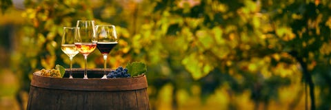 Three Glasses Of White, Rose And Red Wine On A Wooden Barrel Royalty Free Stock Photos