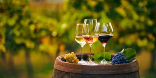 Three Glasses With White, Rose And Red Wine On A Wooden Barrel In The Vineyard Stock Image