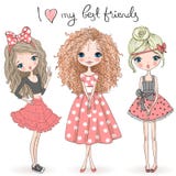 Three hand drawn beautiful cute girls on the background with the inscription I love my best friends.