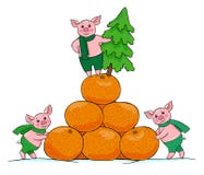 Three happy little pigs with a Christmas tree and a mountain of tangerines stock illustration Three happy little pigs with a Christmas tree and a mountain of tangerines stock illustration
