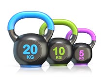 Three kettle bells 3D render illustration Stock Photos Three kettle bells 3D render illustration Stock Photos