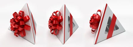 Three pyramidal white gift box with red ribbon