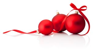 Three red Christmas decoration baubles with ribbon bow isolated on white background royalty free stock photos Three red Christmas decoration baubles with ribbon bow isolated on white background royalty free stock photos