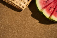 Three slices of fresh red watermelon and a summer bag Royalty Free Stock Image Three slices of fresh red watermelon and a summer bag Royalty Free Stock Image