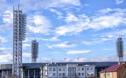 Three towers with searchlights around the stadium stock photography Three towers with searchlights around the stadium stock photography