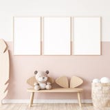 Three vertical frames in children room mock up, kids room design in farmhouse style