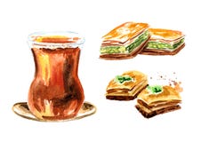 Thé turc dans l'ensemble traditionnel en verre et de baklava Illustration tirée par la main d'aquarelle, d'isolement sur le fond illustration libre de droits Thé turc dans l'ensemble traditionnel en verre et de baklava Illustration tirée par la main d'aquarelle, d'isolement sur le fond illustration libre de droits