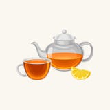 Théière et tasse en verre de bande dessinée avec le thé brassé frais, tranche de limette Concept de déjeuner Conception plate de Images libres de droits Théière et tasse en verre de bande dessinée avec le thé brassé frais, tranche de limette Concept de déjeuner Conception plate de Images libres de droits