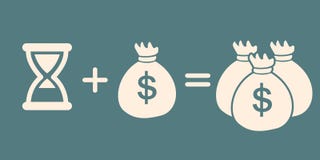 Tid + pengar = mer pengar tecken för vinst för räknemaskinbegreppsdollar royaltyfri illustrationer Tid + pengar = mer pengar tecken för vinst för räknemaskinbegreppsdollar royaltyfri illustrationer
