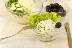 Tidig kålsallad med gurkor och olivgrön arkivbild Tidig kålsallad med gurkor och olivgrön arkivbild