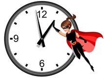 Tiempo del vuelo y de detención de la mujer del super héroe aislado libre illustration Tiempo del vuelo y de detención de la mujer del super héroe aislado libre illustration