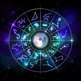 Tierkreiskreis mit Astrologiesymbolen in der Neonart lizenzfreie abbildung Tierkreiskreis mit Astrologiesymbolen in der Neonart lizenzfreie abbildung