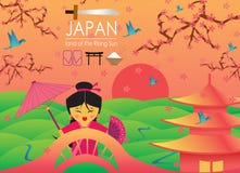 Tierra de Japón del sol naciente con la muchacha japonesa en kimono libre illustration Tierra de Japón del sol naciente con la muchacha japonesa en kimono libre illustration
