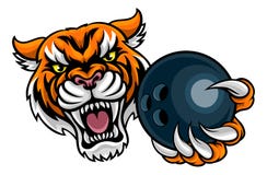 Tiger Holding Bowling Ball Mascot Imagen de archivo Tiger Holding Bowling Ball Mascot Imagen de archivo