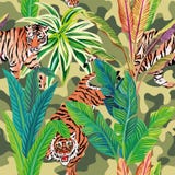 Tigre à l'arrière-plan tropical de militaires de brun de jungle illustration de vecteur Tigre à l'arrière-plan tropical de militaires de brun de jungle illustration de vecteur