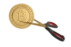 Tijeras con el bitcoin del oro ilustración 3D stock de ilustración Tijeras con el bitcoin del oro ilustración 3D stock de ilustración