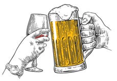 Tim-tim de duas mãos um o vidro da cerveja e do vinho ilustração royalty free Tim-tim de duas mãos um o vidro da cerveja e do vinho ilustração royalty free