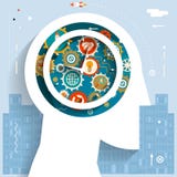 Time Management Businessman Head Idea Generation Gear Wheel Icons Space City Start Background Flat Design Deadline Stock Image Time Management Businessman Head Idea Generation Gear Wheel Icons Space City Start Background Flat Design Deadline Stock Image