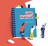 Tiny people or managers trying to open giant user manual. Small men and women and large computer software guide or stock illustration Tiny people or managers trying to open giant user manual. Small men and women and large computer software guide or stock illustration