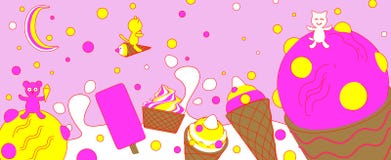 Tipos diferentes de gelado com com os gatos e um urso no cartoo ilustração stock Tipos diferentes de gelado com com os gatos e um urso no cartoo ilustração stock