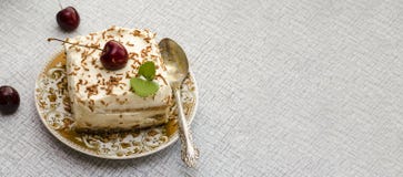 Tiramisu, ένα παραδοσιακό ιταλικό επιδόρπιο σε ένα ελαφρύ υπόβαθρο E στοκ εικόνες Tiramisu, ένα παραδοσιακό ιταλικό επιδόρπιο σε ένα ελαφρύ υπόβαθρο E στοκ εικόνες