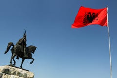 Tirana, Albania, Skanderbeg Monument and National Flag royalty free stock photos Tirana, Albania, Skanderbeg Monument and National Flag royalty free stock photos