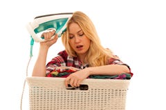 Tired woman with a basket of loundry annoyed with too much work isolated over white royalty free stock photo Tired woman with a basket of loundry annoyed with too much work isolated over white royalty free stock photo