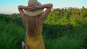 Tiro slowmotion super de uma jovem mulher em um vestido amarelo que anda durante o por do sol na caminhada ou no pintor do cume d video estoque Tiro slowmotion super de uma jovem mulher em um vestido amarelo que anda durante o por do sol na caminhada ou no pintor do cume d video estoque