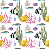 Tiré par la main dans l'élément naturel du monde de mer d'aquarelle Les coraux pêchent le modèle seemless de récif sur le fond bl illustration libre de droits Tiré par la main dans l'élément naturel du monde de mer d'aquarelle Les coraux pêchent le modèle seemless de récif sur le fond bl illustration libre de droits