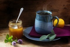 Tisane contre le froid avec la sauge, la menthe, le miel et le citron frais images stock Tisane contre le froid avec la sauge, la menthe, le miel et le citron frais images stock