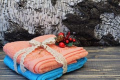 Toalhas azuis e cor-de-rosa do algodão amarradas com uma trança a céu aberto e um ramalhete bonito decorativo na perspectiva da c imagem de stock Toalhas azuis e cor-de-rosa do algodão amarradas com uma trança a céu aberto e um ramalhete bonito decorativo na perspectiva da c imagem de stock