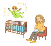 Toddler jumps in the bed and mother is sad royalty free illustration Toddler jumps in the bed and mother is sad royalty free illustration