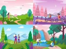 Toerisme op aard De alpinismereizigers, reis onderzoeken landschap en reizende sportrust vlakke vectorillustratie stock illustratie Toerisme op aard De alpinismereizigers, reis onderzoeken landschap en reizende sportrust vlakke vectorillustratie stock illustratie