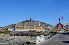 Toeristenmening van Nuuk, Kapitaal van Groenland stock afbeelding Toeristenmening van Nuuk, Kapitaal van Groenland stock afbeelding
