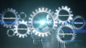 Toestel met sleutelwoord, Uitdaging, Innovatie, Kans, Verbetering, Succes, Robot, cyborg wat betreft het scherm ` CREATIEVE ` royalty-vrije illustratie Toestel met sleutelwoord, Uitdaging, Innovatie, Kans, Verbetering, Succes, Robot, cyborg wat betreft het scherm ` CREATIEVE ` royalty-vrije illustratie