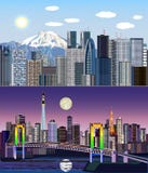 Tokio, Japón, Asia - día al equipo del vector de la noche stock de ilustración Tokio, Japón, Asia - día al equipo del vector de la noche stock de ilustración