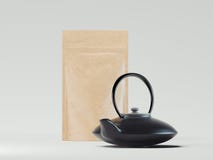 Tom förpackande återanvänd kraft pappers- påse med den svarta tekannan framförande 3d stock illustrationer Tom förpackande återanvänd kraft pappers- påse med den svarta tekannan framförande 3d stock illustrationer