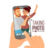 Tomando a foto no vetor de Smartphone Povos de sorriso Amigos modernos que tomam Selfie vertical Smartphone da terra arrendada da ilustração do vetor Tomando a foto no vetor de Smartphone Povos de sorriso Amigos modernos que tomam Selfie vertical Smartphone da terra arrendada da ilustração do vetor