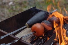 Tomate und Aubergine auf dem Grill für Vegetarier Stockbilder Tomate und Aubergine auf dem Grill für Vegetarier Stockbilder
