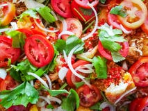 Tomatensalathintergrund/nah oben Spiegeleides mischgemüsezwiebelselleries und der frischen Tomate stockbild Tomatensalathintergrund/nah oben Spiegeleides mischgemüsezwiebelselleries und der frischen Tomate stockbild
