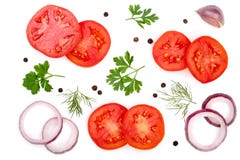 Tomato slice with parsley leaves, dill, onion, garlic and peppercorns isolated on white background. Top view Royalty Free Stock Images Tomato slice with parsley leaves, dill, onion, garlic and peppercorns isolated on white background. Top view Royalty Free Stock Images
