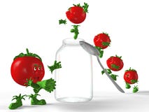 Tomatoes Jumping To The Jar. Stock Photos