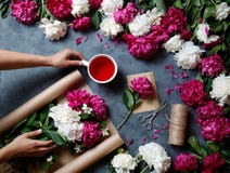 Tools and accessories florists need for making up a bouquet out of peonies: kraft paper, scissors, string, karkade tea royalty free stock image Tools and accessories florists need for making up a bouquet out of peonies: kraft paper, scissors, string, karkade tea royalty free stock image