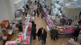 Top View Of Fish Shop Trading Floor People Buying Seafood And