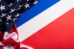 Top view of Flag of the United States of America on blue white red background. Independence Day USA, Memorial royalty free stock photo Top view of Flag of the United States of America on blue white red background. Independence Day USA, Memorial royalty free stock photo