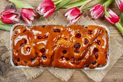 Top view of fruit cake in rectangular pan Stock Photo Top view of fruit cake in rectangular pan Stock Photo