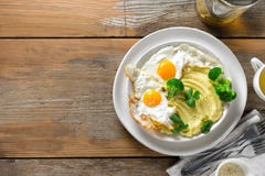 Top View Healthy Breakfast Lunch Mashed Potatoes Fried Eggs Broccoli Tea Wooden Table Stock Photos